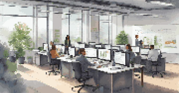 A diverse team working together in a modern office, discussing over laptops and charts, with large windows and motivational quotes on the walls.