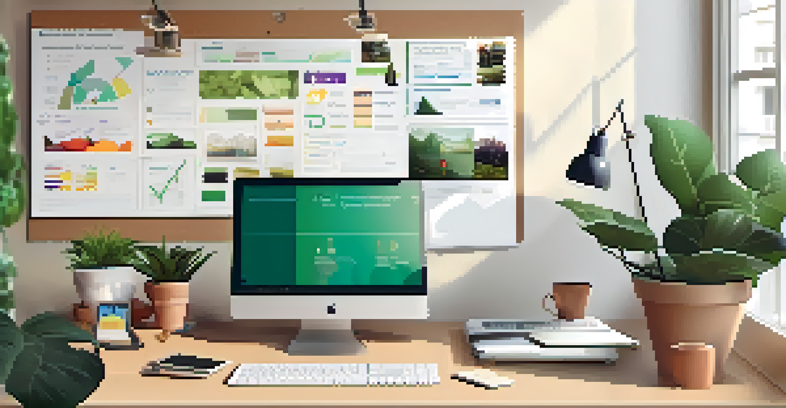 A workspace featuring a laptop with a social media marketing dashboard and a corkboard with an infographic about mobile marketing strategies.