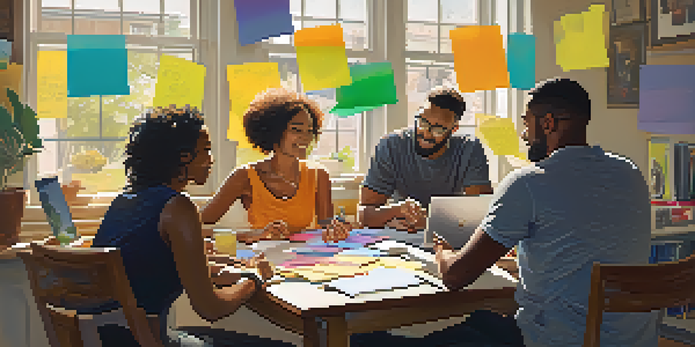 A diverse group of people collaborating on a crowdfunding project with colorful notes and laptops in a well-lit room.
