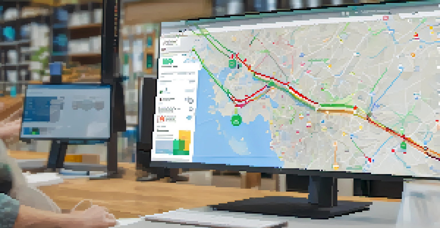 A close-up of a logistics dashboard with graphs and maps, with a person pointing at the screen.