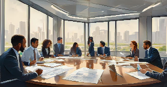 A diverse business team in a conference room discussing crisis management strategies with a whiteboard in the background.