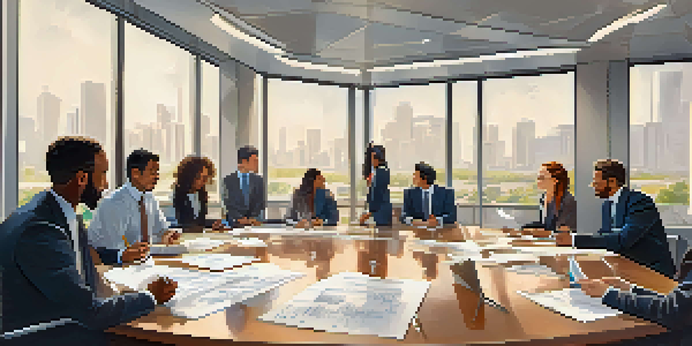 A diverse business team in a conference room discussing crisis management strategies with a whiteboard in the background.