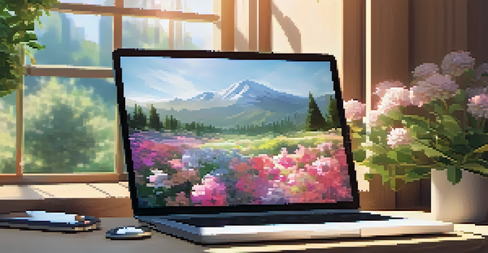 A peaceful workspace with a laptop showing graphs, surrounded by flowers and greenery, representing Online Reputation Management.