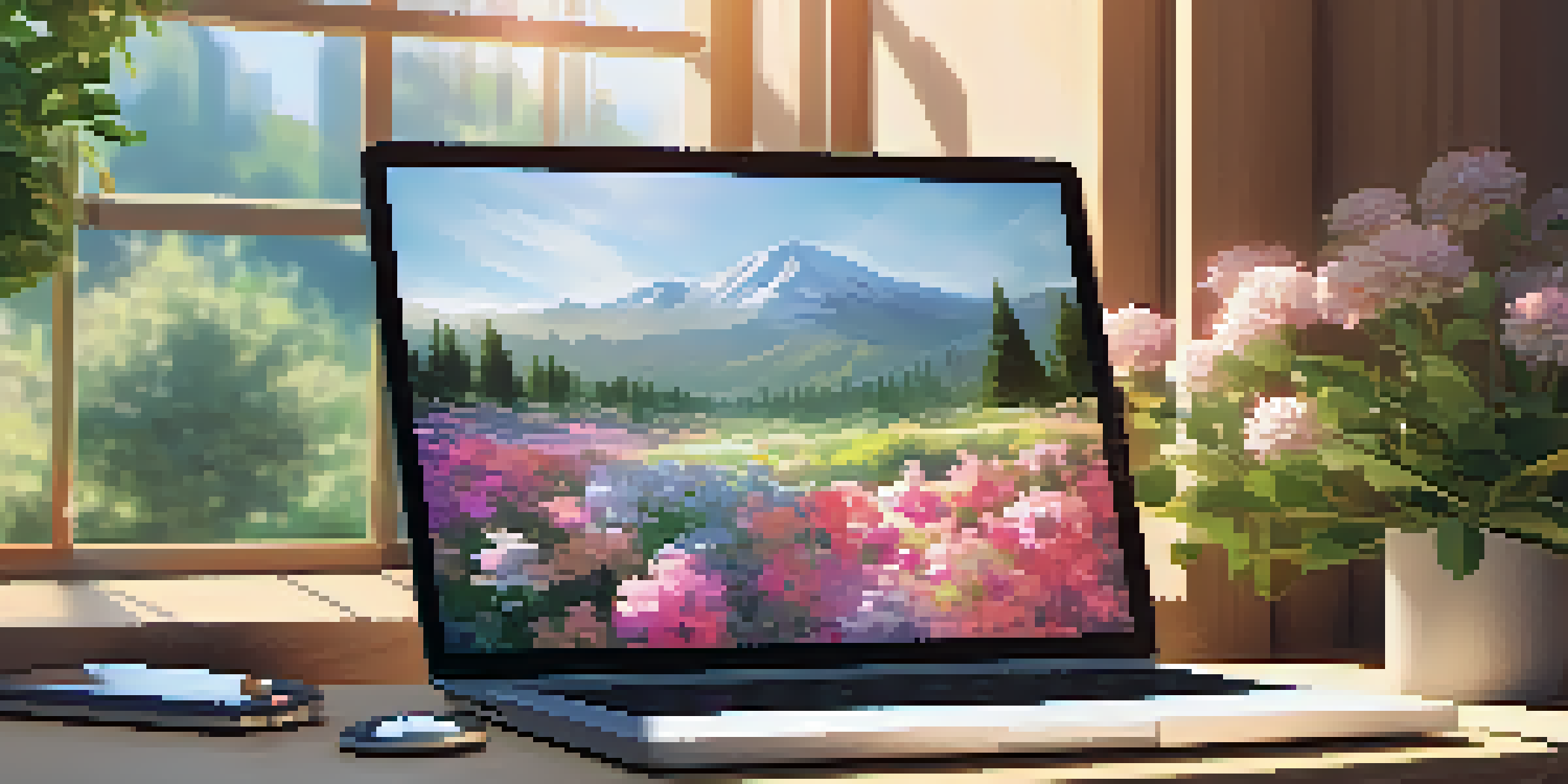A peaceful workspace with a laptop showing graphs, surrounded by flowers and greenery, representing Online Reputation Management.
