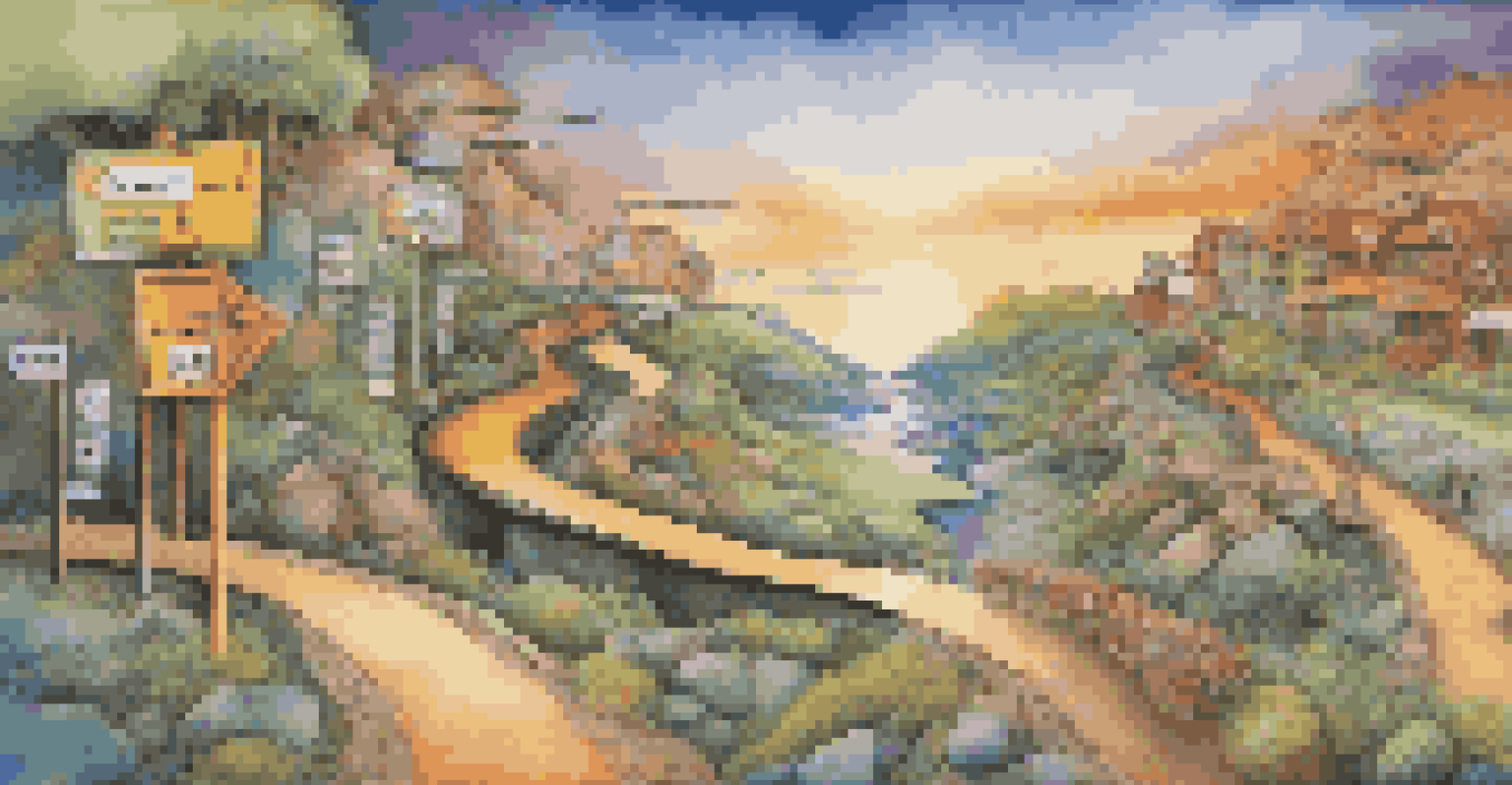 An artistic depiction of a customer journey, illustrated as a winding path with colorful signposts marking different stages.
