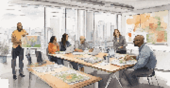 A diverse team of employees collaborating in a bright office space, with individuals displaying different personality traits.