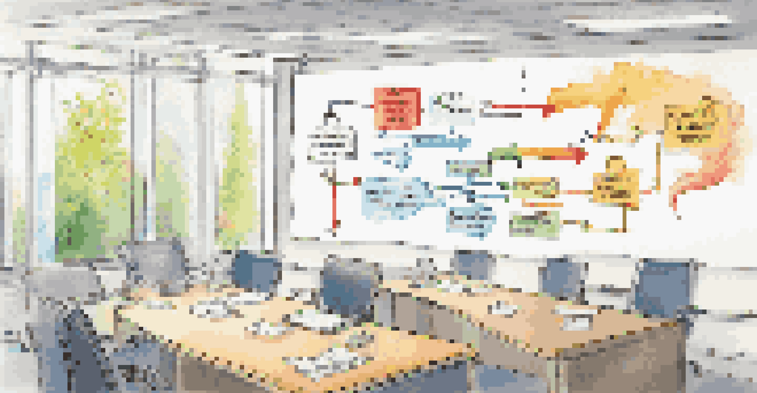 A flowchart illustrating the 5 Whys technique on a whiteboard in a bright office setting.