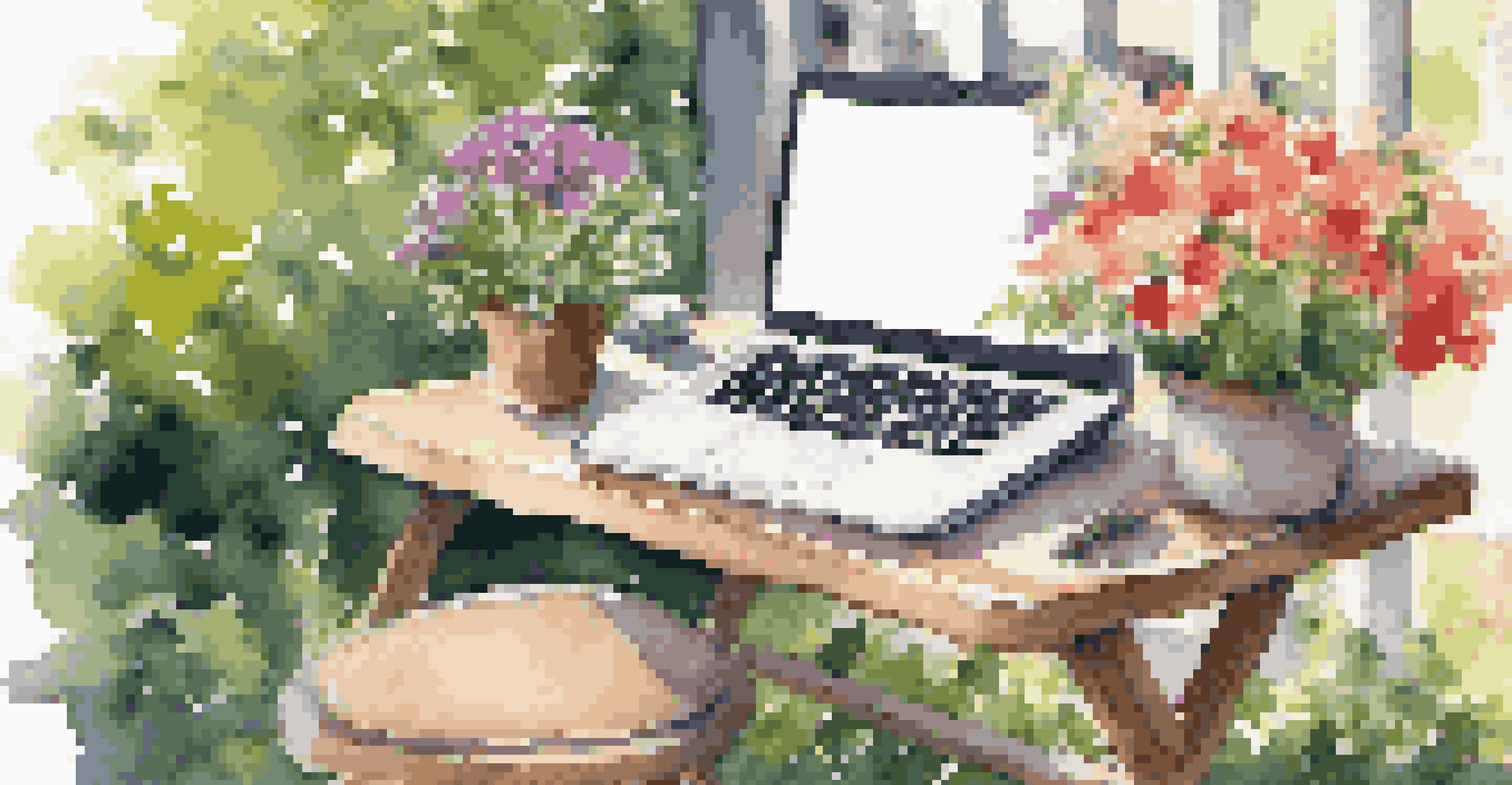 A portable laptop on a table in a sunny garden surrounded by flowers and greenery, illustrating a peaceful outdoor workspace.