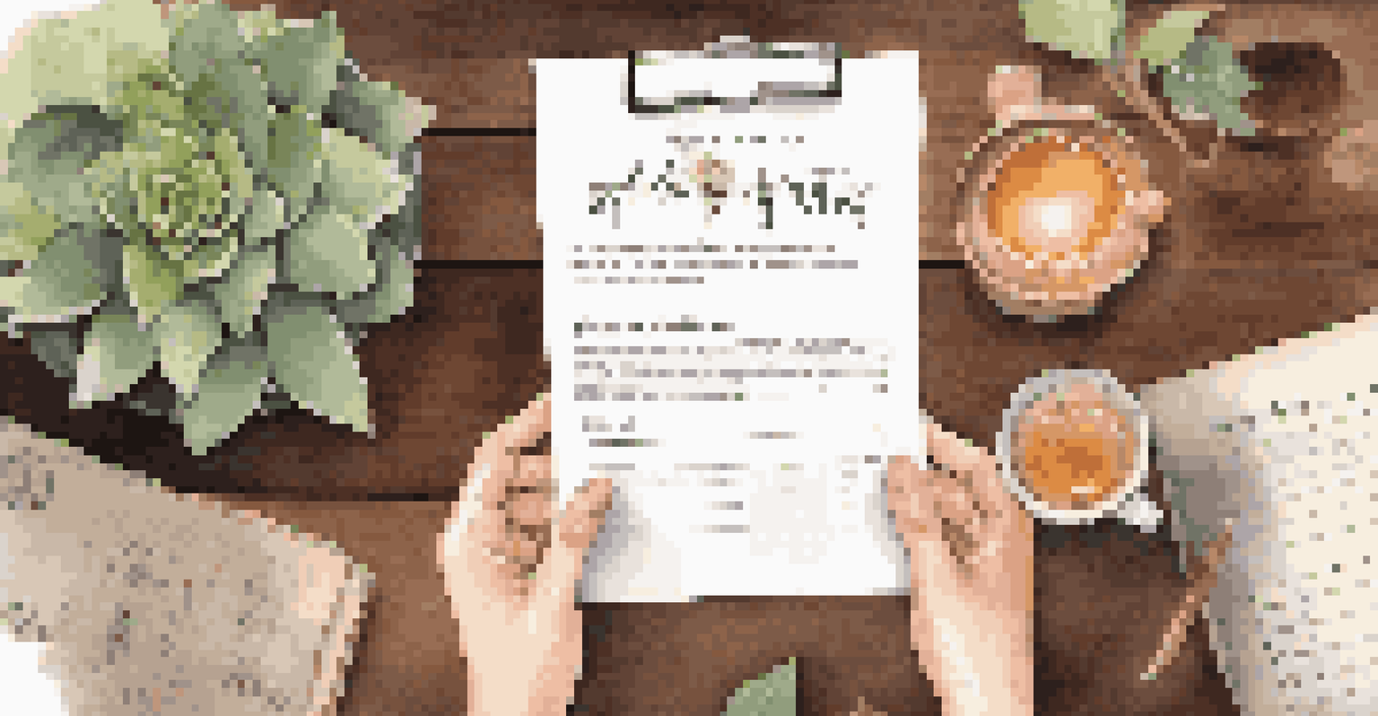 Close-up of hands holding a wellness survey form on a calming desk with motivational quotes and a cup of tea.