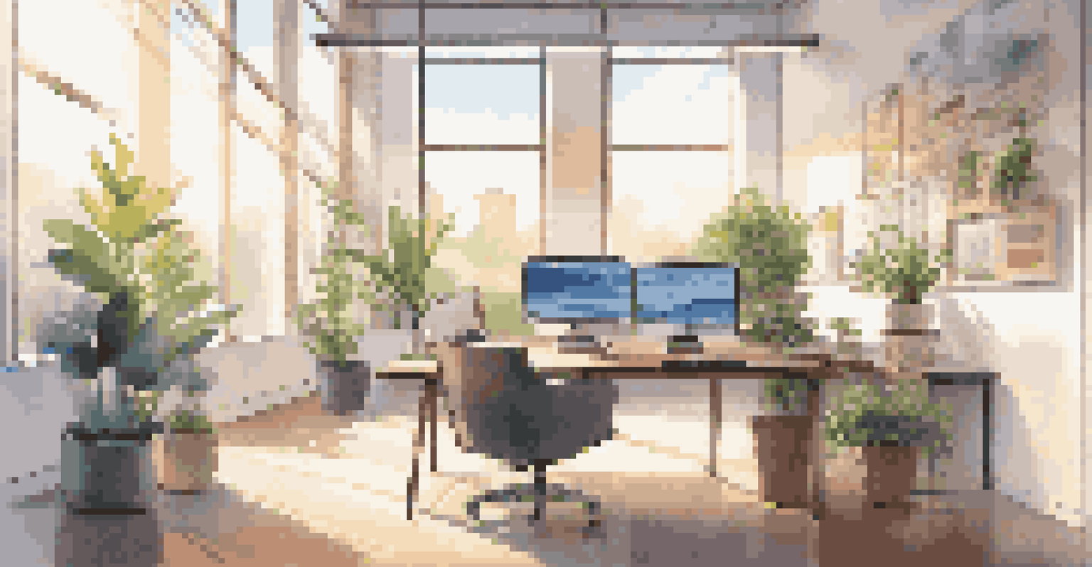 A modern office workspace with a laptop displaying marketing analytics and a potted plant, bathed in natural light.