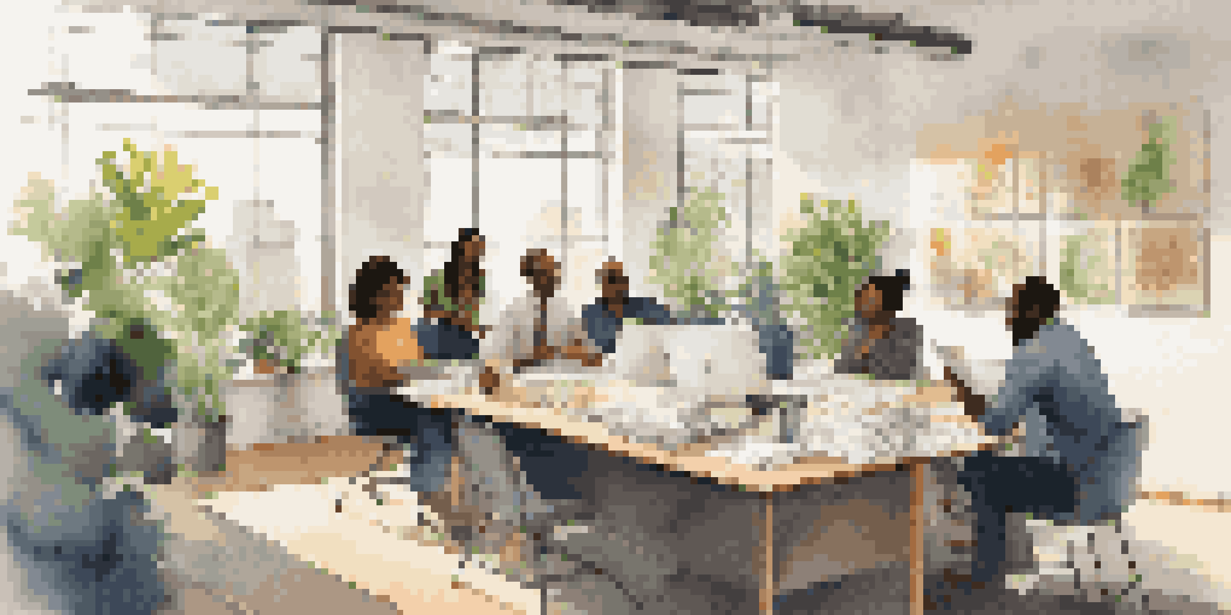 A diverse group of professionals in a bright office setting discussing ideas during a meeting.