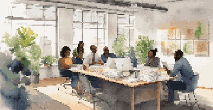 A diverse group of professionals in a bright office setting discussing ideas during a meeting.