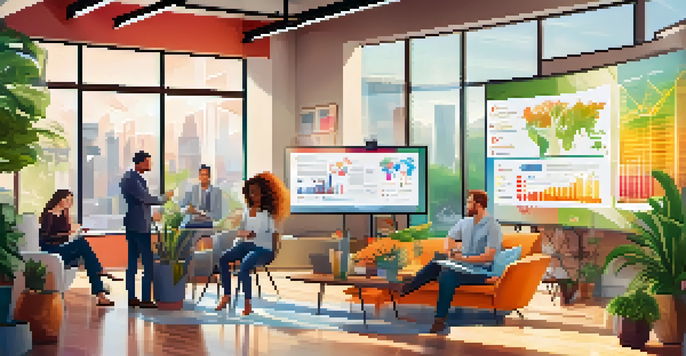 A diverse group of professionals collaborating in a bright digital marketing workspace, with a large screen showing data analytics graphs and sunlight streaming in.