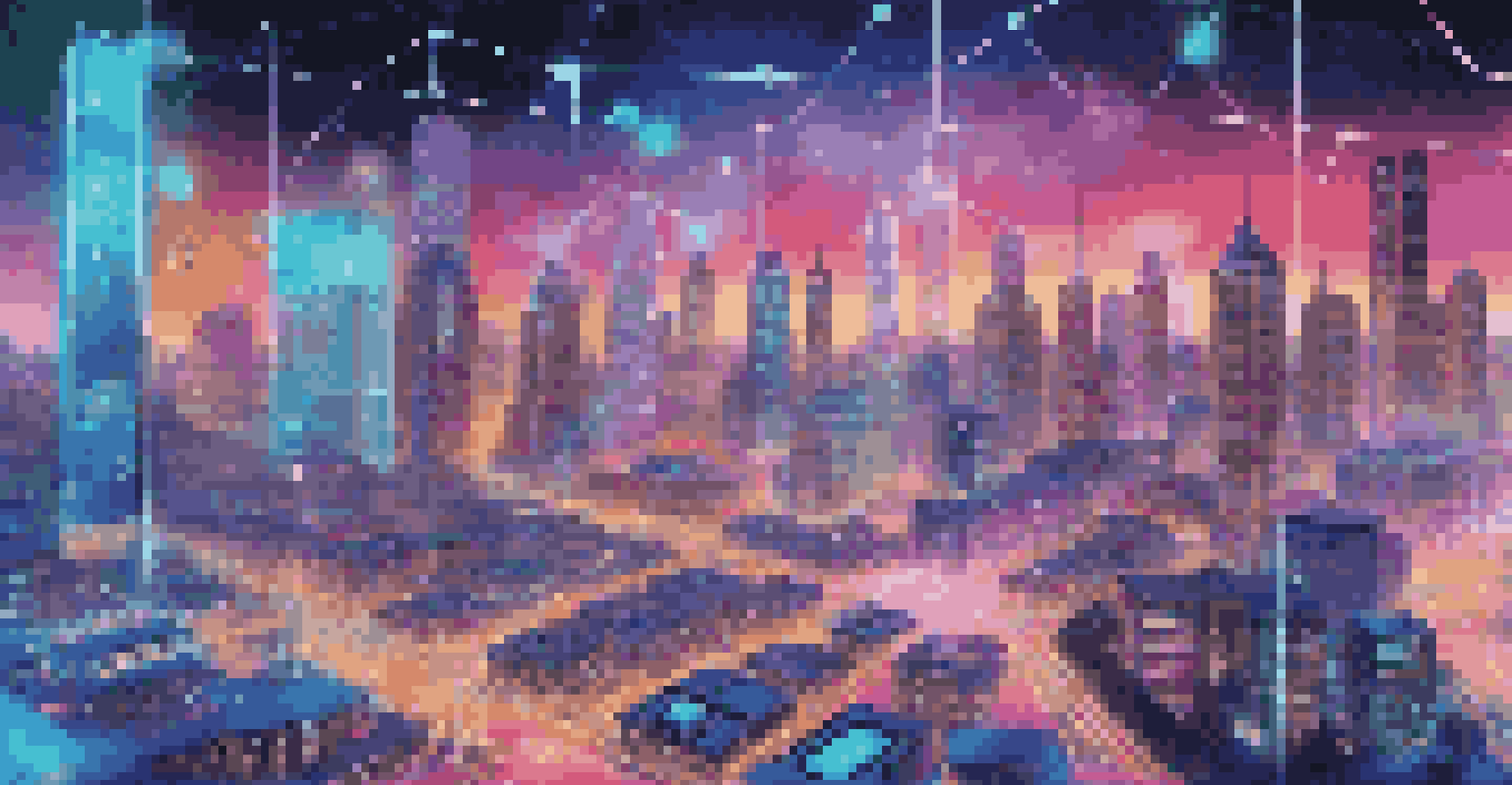 A futuristic depiction of blockchain technology showcasing product tracking and data sharing through holographic interfaces against a digital city skyline.