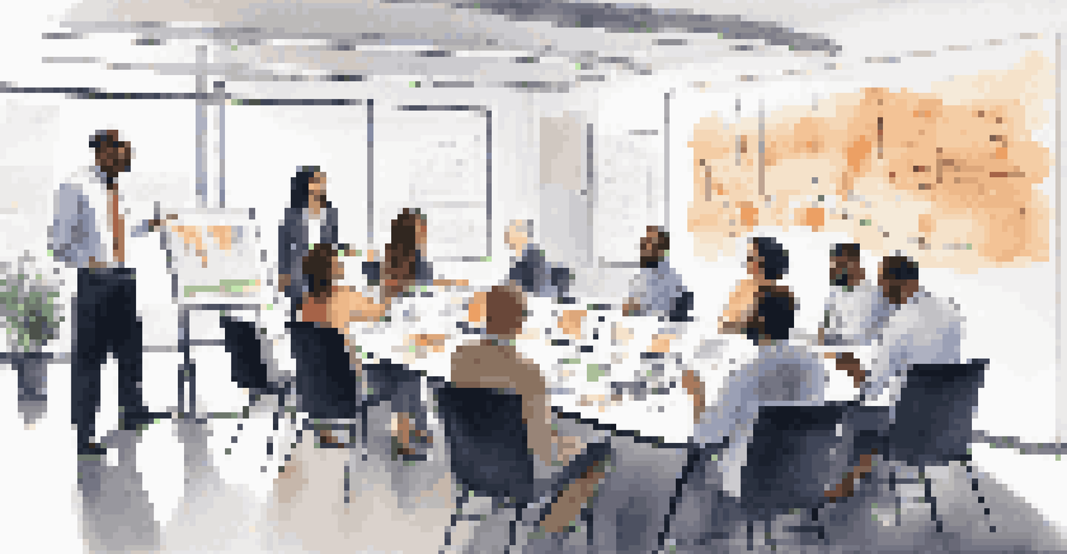 A diverse group of sales team members in a training session, collaborating and discussing strategies in a modern office.