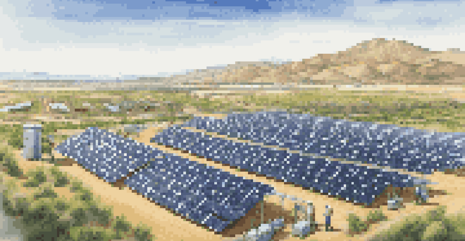 Aerial view of a solar energy farm in Mexico, with solar panels, green fields, mountains, and engineers inspecting the site.