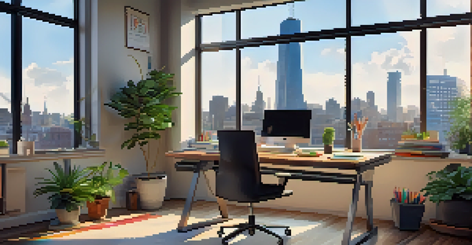 A bright and modern office space with a wooden desk, laptop, stationery, and a plant, overlooking a city skyline through large windows.