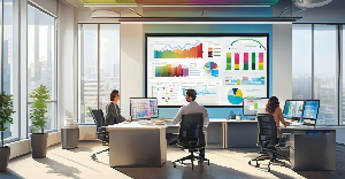 A diverse group of professionals in a modern office analyzing financial data together, with large screens displaying colorful graphs and charts.