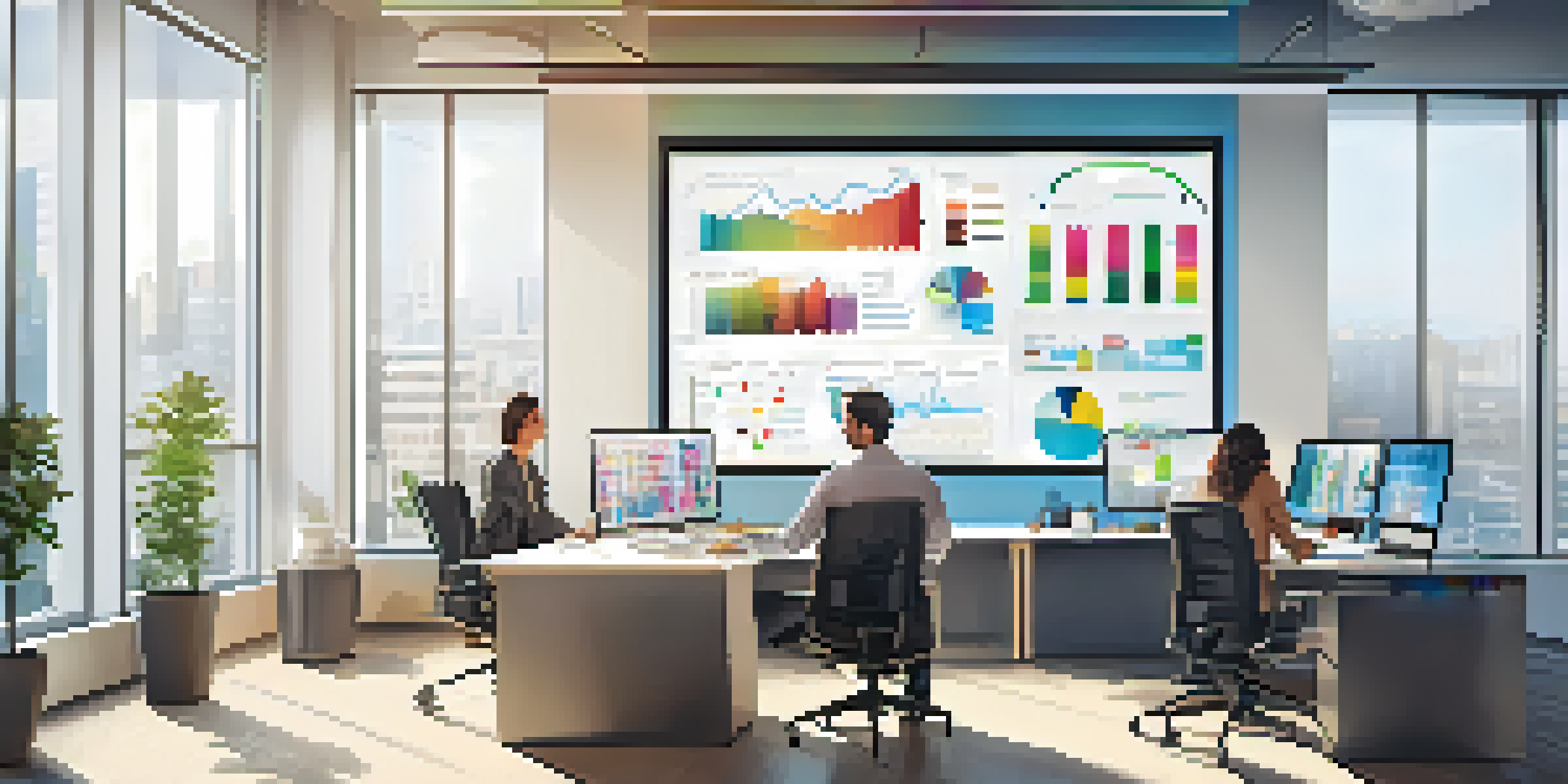 A diverse group of professionals in a modern office analyzing financial data together, with large screens displaying colorful graphs and charts.