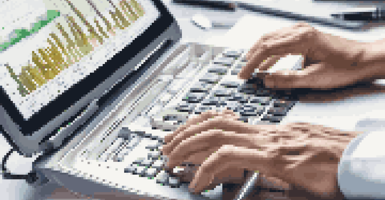 Close-up of hands typing on a laptop with financial documents and a calculator in a well-lit office.