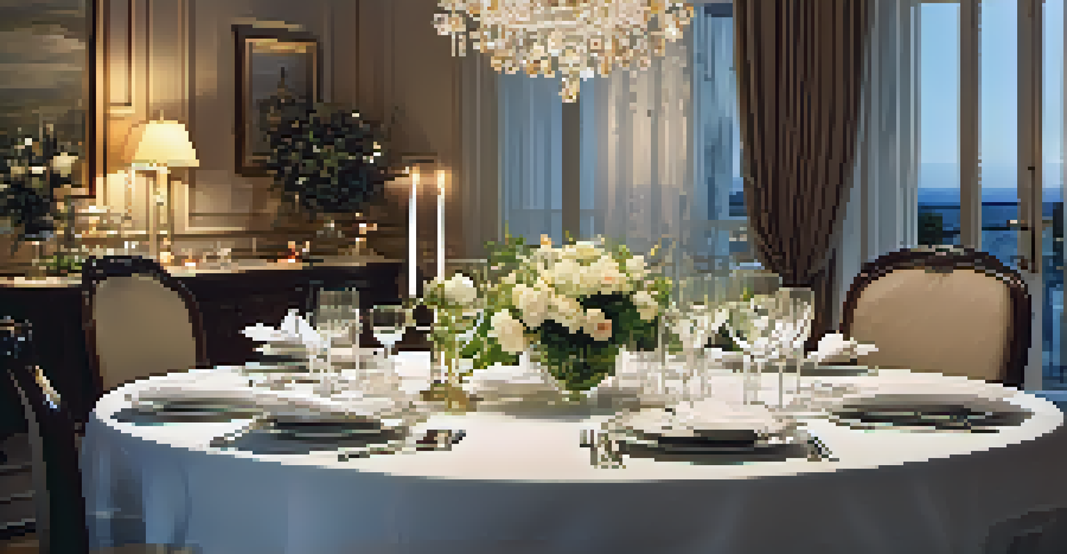 An elegantly set dining table with gourmet dishes, sparkling glassware, and candlelight creating a warm glow.
