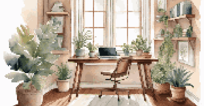 A cozy home office with a modern desk, laptop, plants, and natural light, creating a warm atmosphere.
