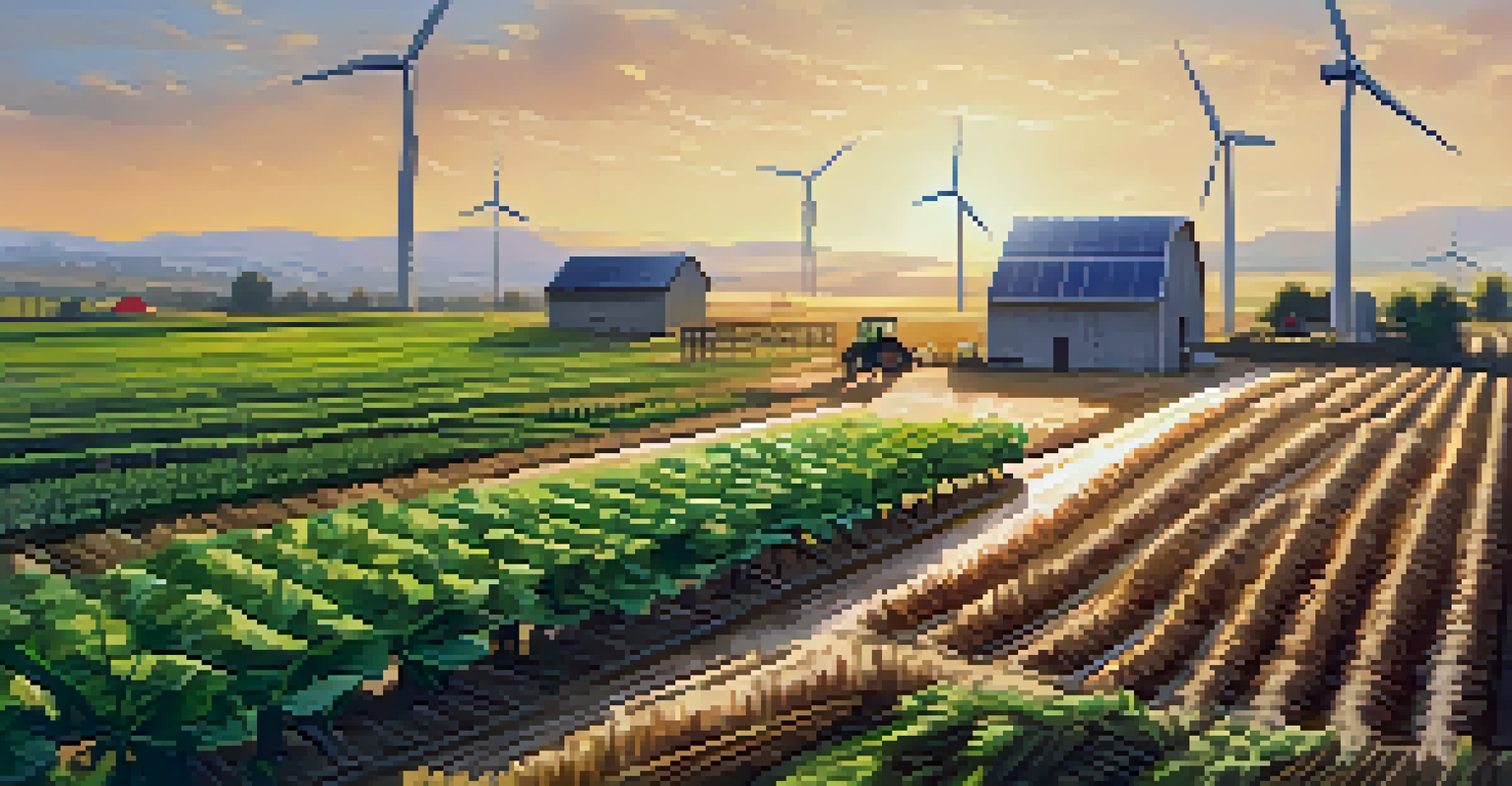 A sustainable farm landscape with crops, a farmer, wind turbines, and solar panels in the background.