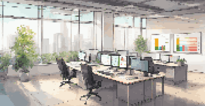 A modern office with a digital dashboard showing colorful graphs and charts for KPIs, illuminated by natural light.