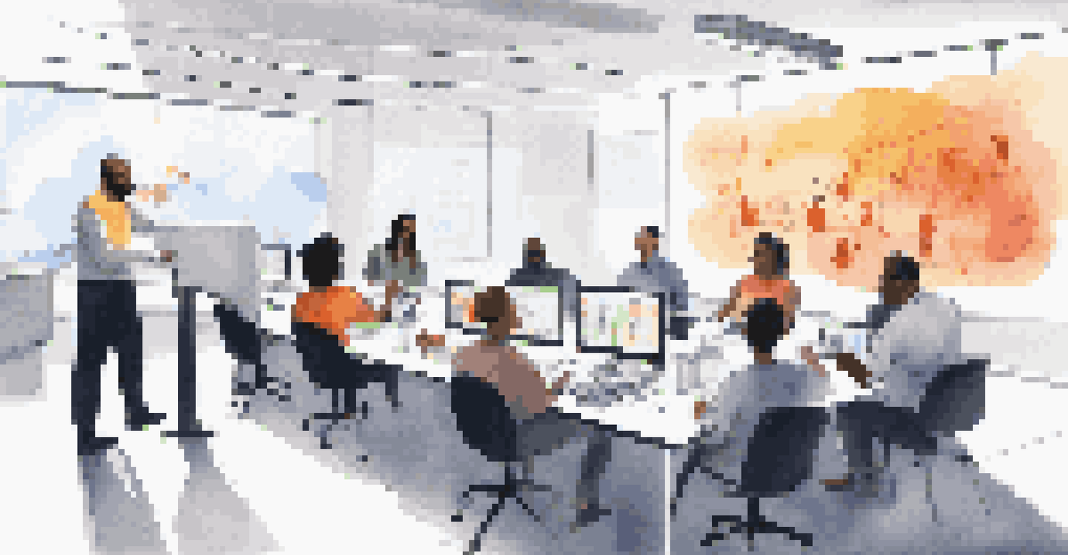 A training session with diverse employees learning about cloud security practices, with a projector in a modern office.
