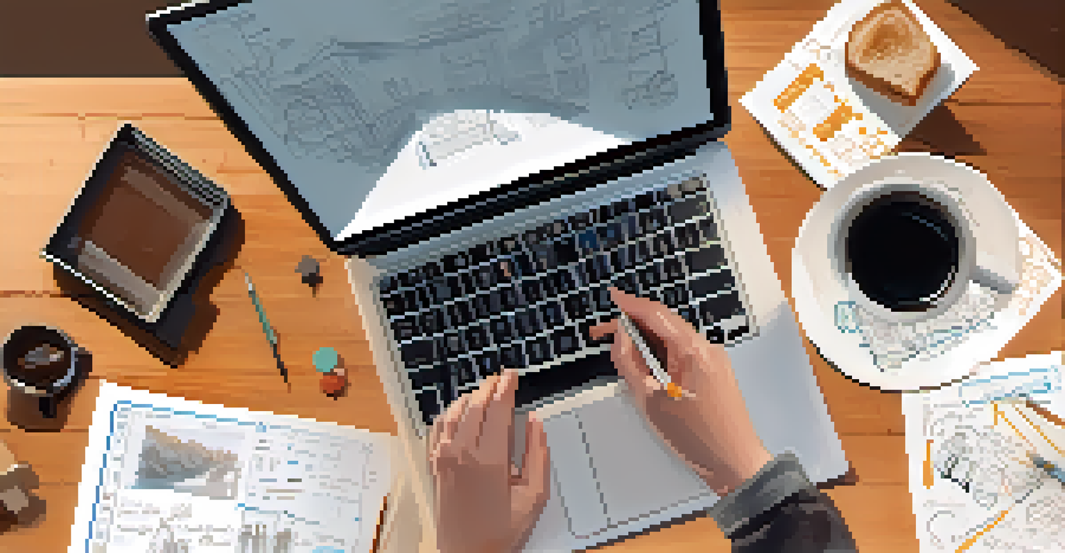 A close-up of hands working on a laptop with notes and a coffee cup on a desk.