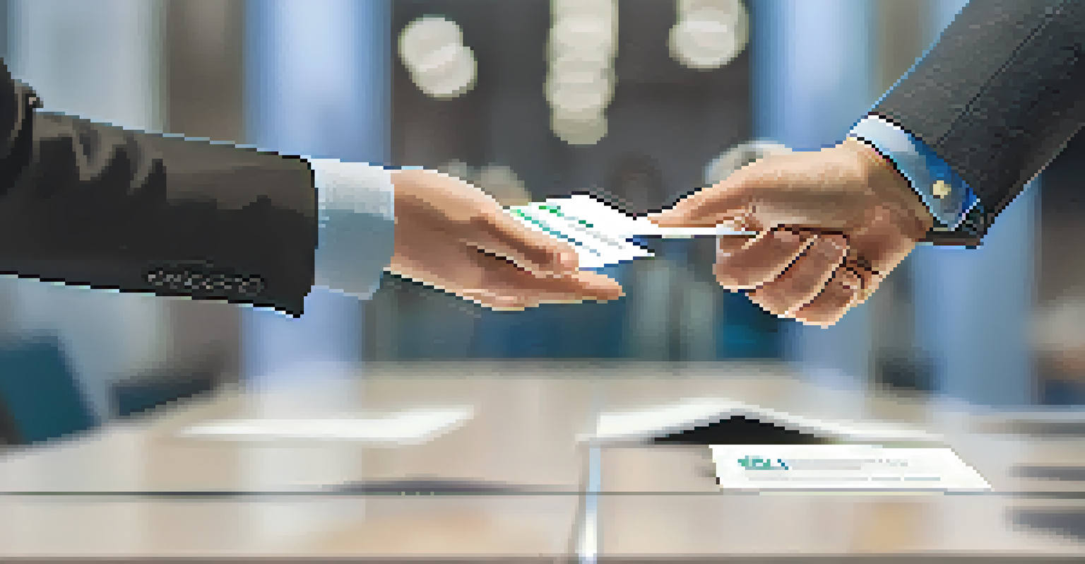 Close-up view of two hands exchanging business cards in a busy conference hall.