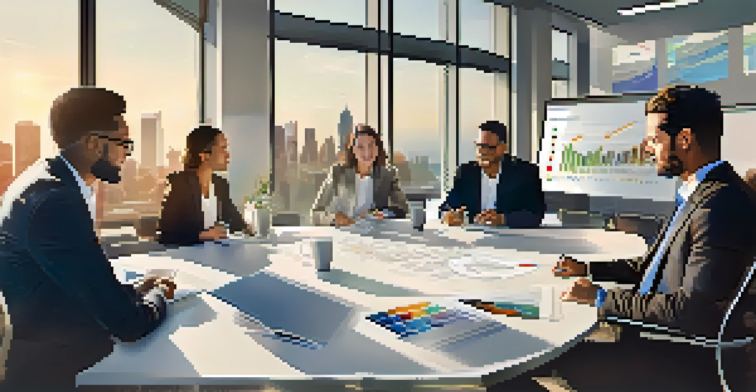 A diverse group of professionals discussing financial strategies in a bright conference room with laptops and charts.