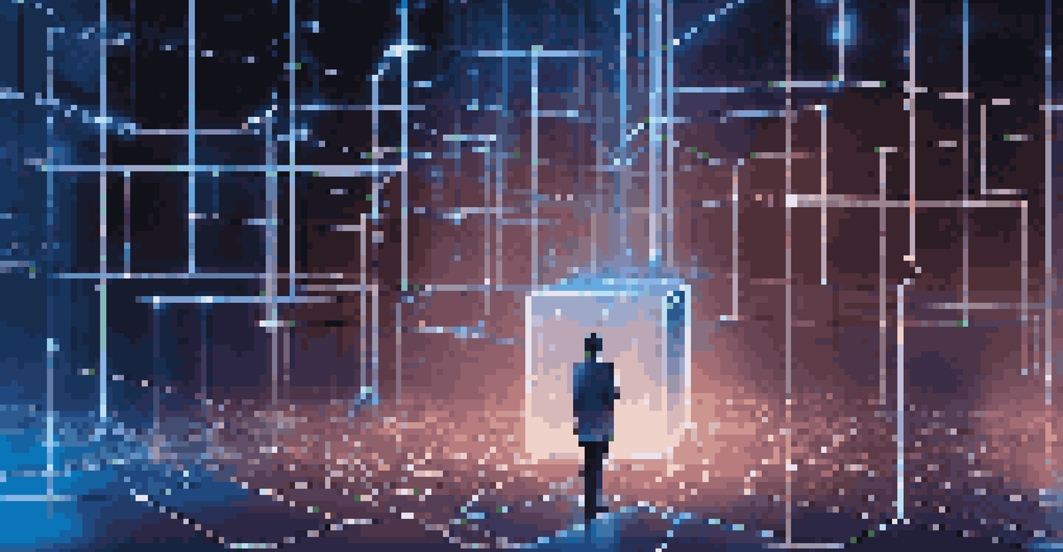 A digital representation of a blockchain network with interconnected blocks and a small business owner in front.