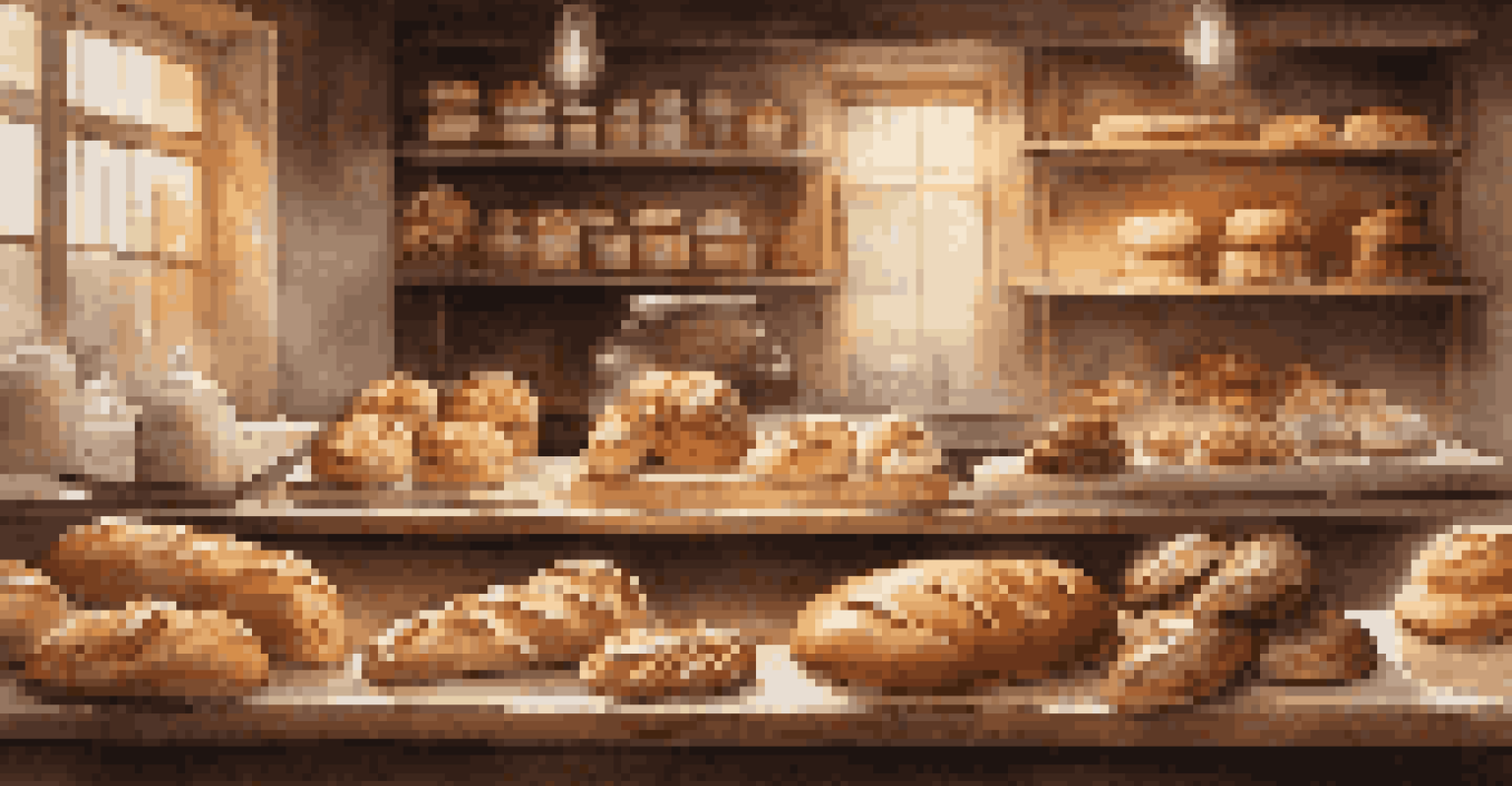 A charming bakery display filled with freshly baked bread and pastries in a warm setting.