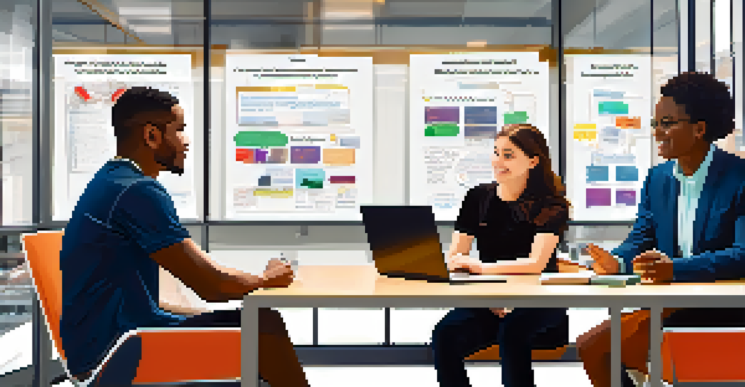 A mentor and mentee having a productive conversation over a laptop in a bright, modern office space.