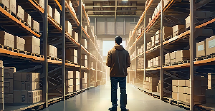 A close-up of a person using a tablet in a warehouse, with stacks of boxes and shelves around them, illuminated by warm lighting.