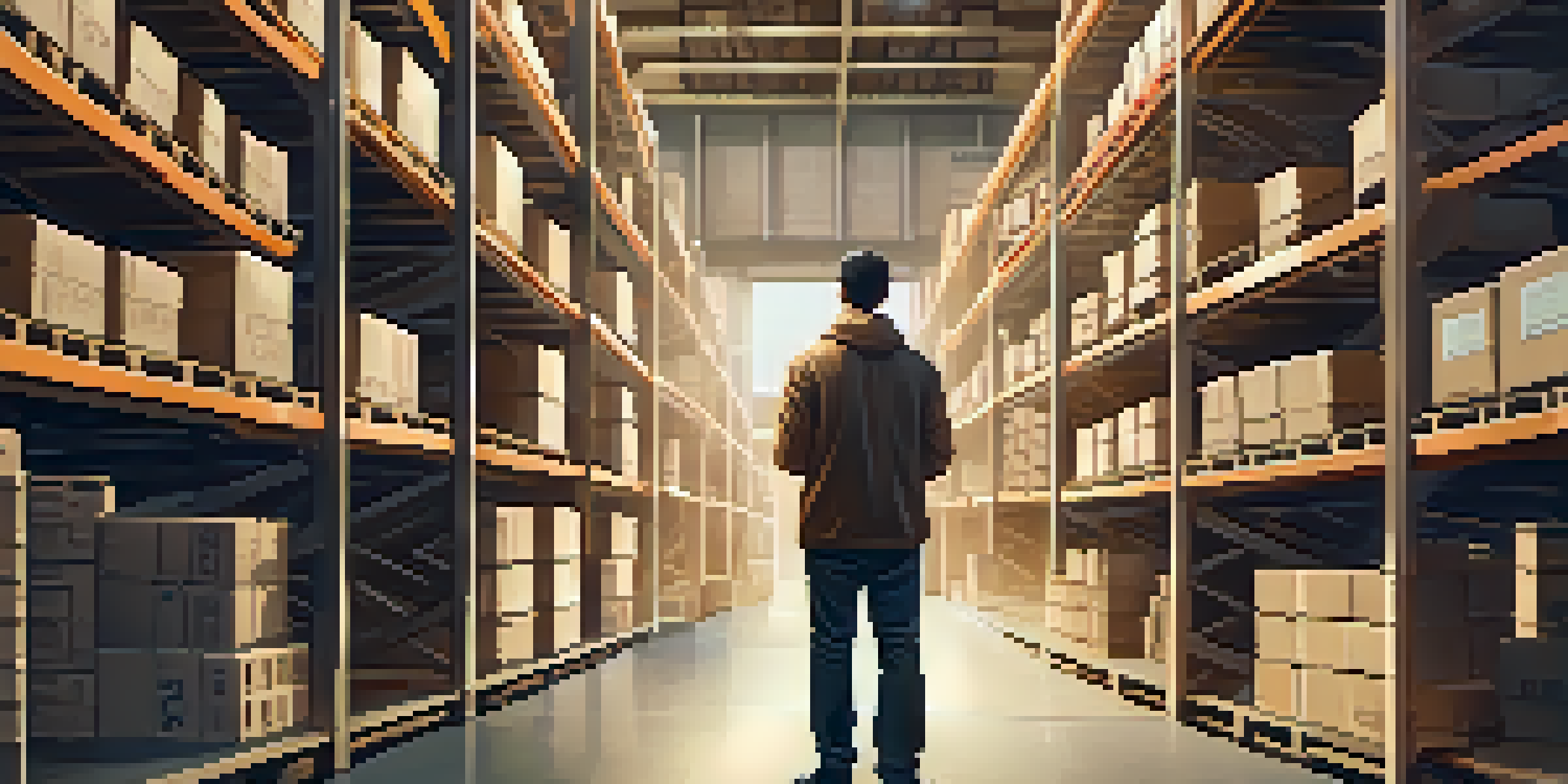 A close-up of a person using a tablet in a warehouse, with stacks of boxes and shelves around them, illuminated by warm lighting.
