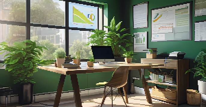 A professional office workspace with a wooden desk, laptop, financial reports, and a green plant illuminated by natural light.