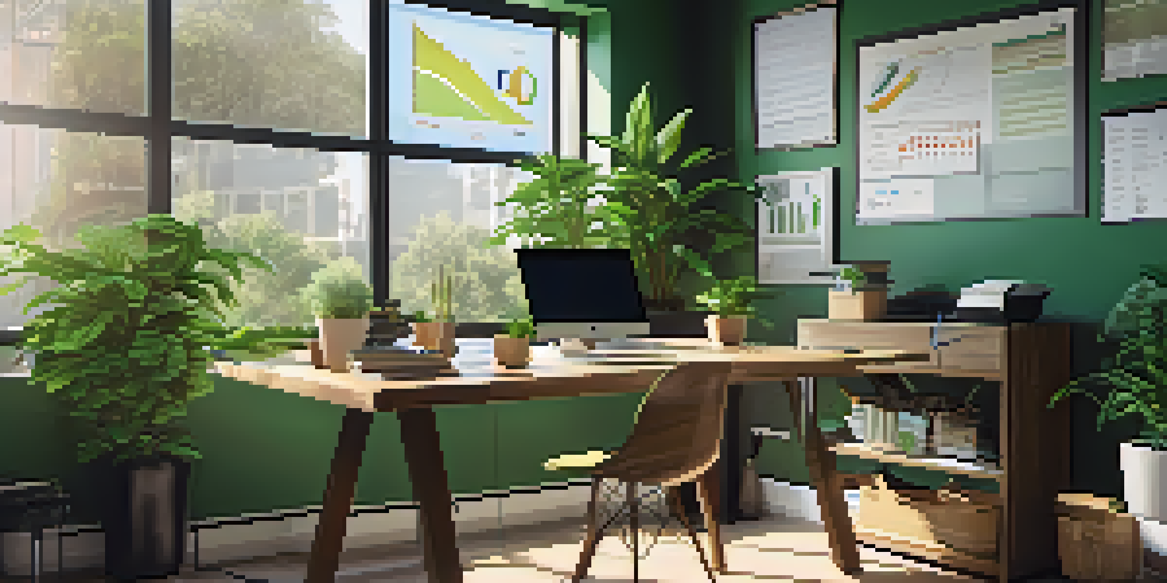 A professional office workspace with a wooden desk, laptop, financial reports, and a green plant illuminated by natural light.