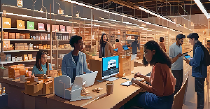 A diverse group of shoppers using laptops and tablets in a warm, cozy environment, surrounded by icons of ethical e-commerce principles.