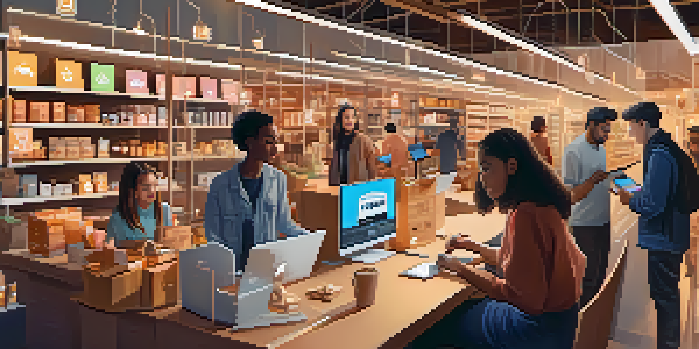 A diverse group of shoppers using laptops and tablets in a warm, cozy environment, surrounded by icons of ethical e-commerce principles.