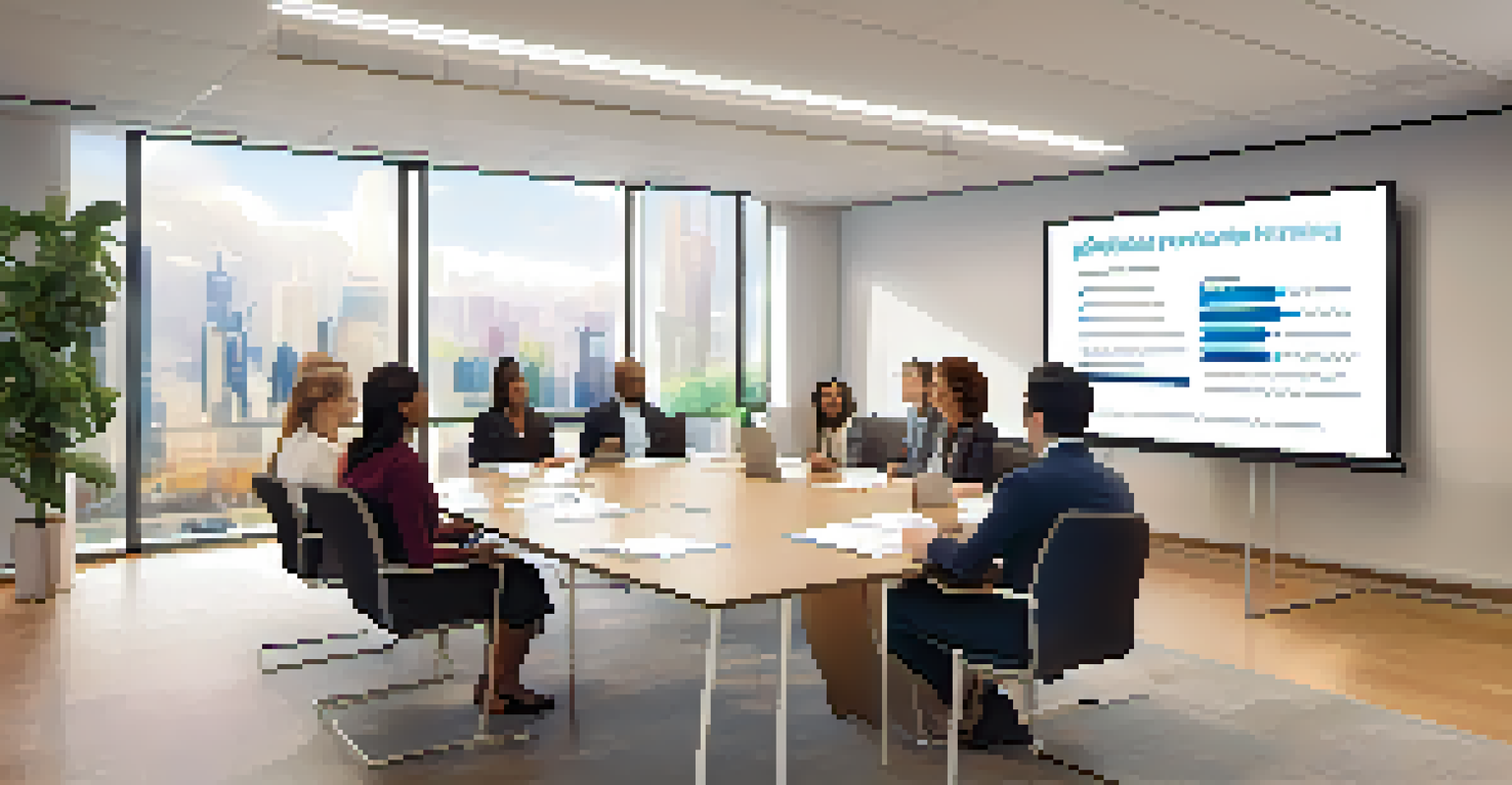 A diverse group of professionals in a modern office engaged in a compliance training session, with a large screen displaying a presentation. They are actively participating and discussing.