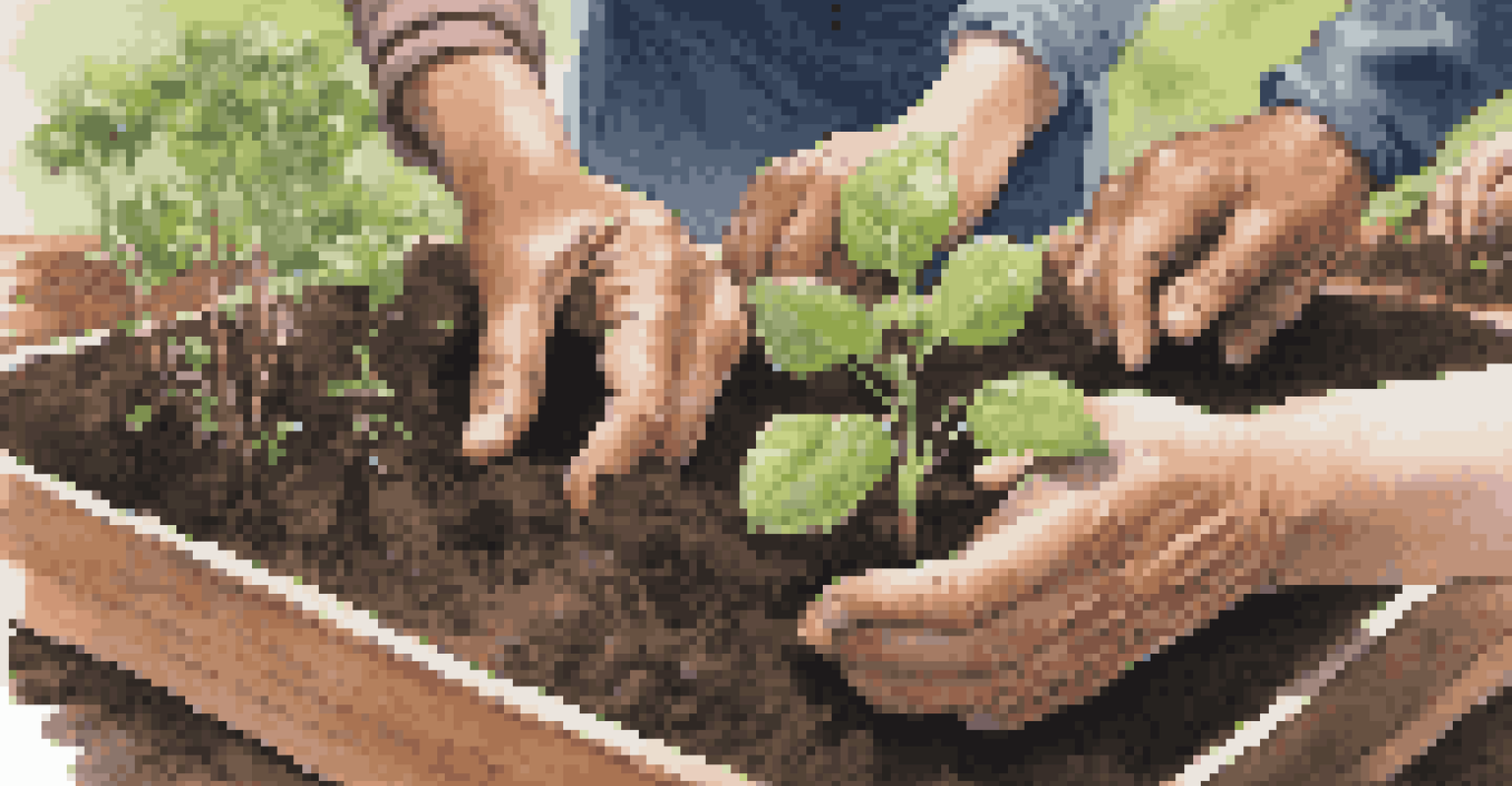 Hands planting seedlings in a community garden, representing sustainable practices, with volunteers working in the background.