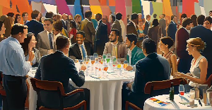 A networking event featuring diverse professionals in conversation, with a round table covered in business cards and a lively atmosphere.