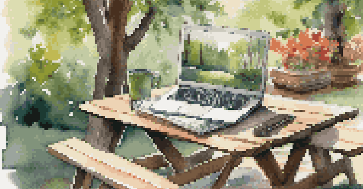 An outdoor workspace with a laptop on a picnic table amidst greenery, featuring a comfortable chair and sunlight filtering through trees.