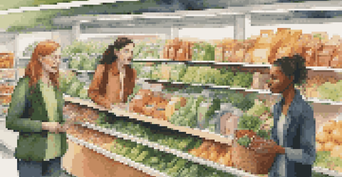 A diverse group of people shopping in a supermarket, focusing on sustainable products with natural lighting.