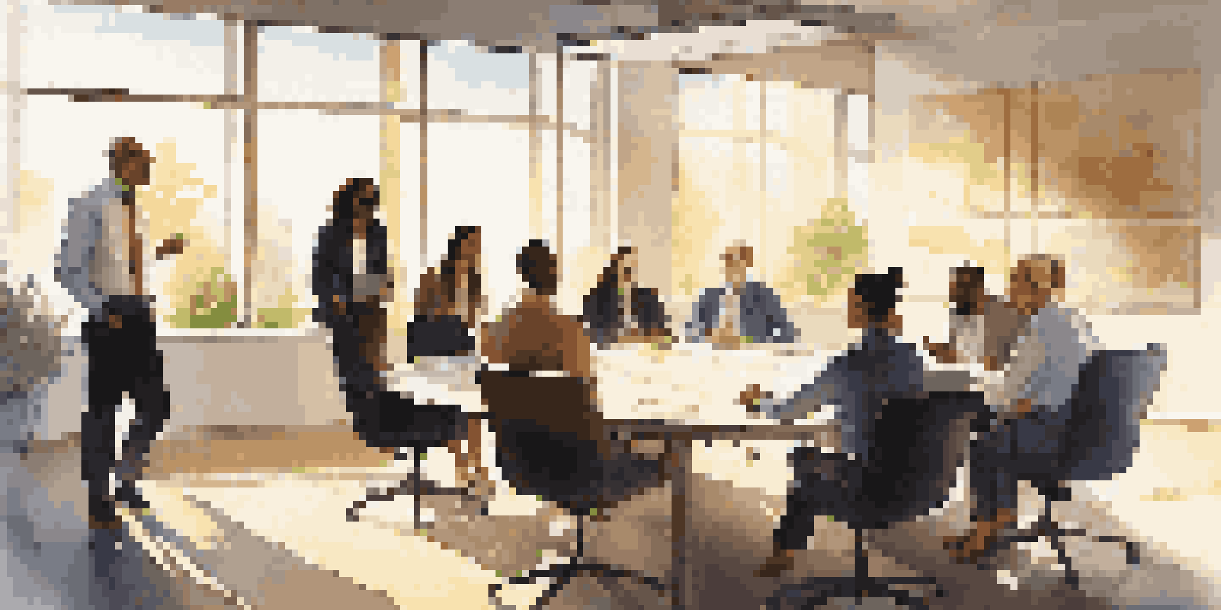 A diverse group of employees engaged in a lively discussion around a conference table in a modern office, with sunlight streaming through large windows.