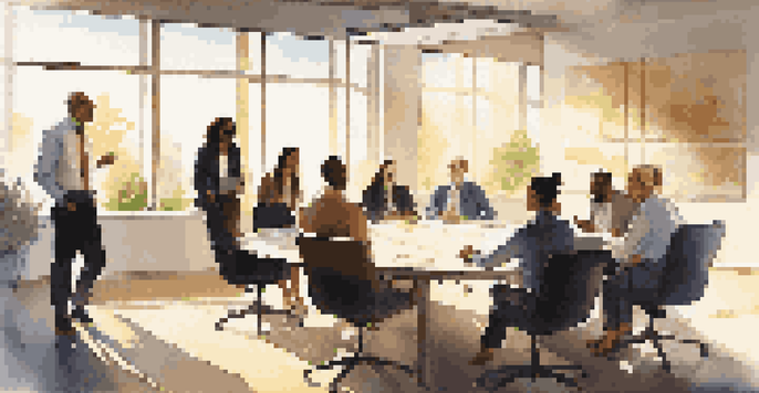 A diverse group of employees engaged in a lively discussion around a conference table in a modern office, with sunlight streaming through large windows.
