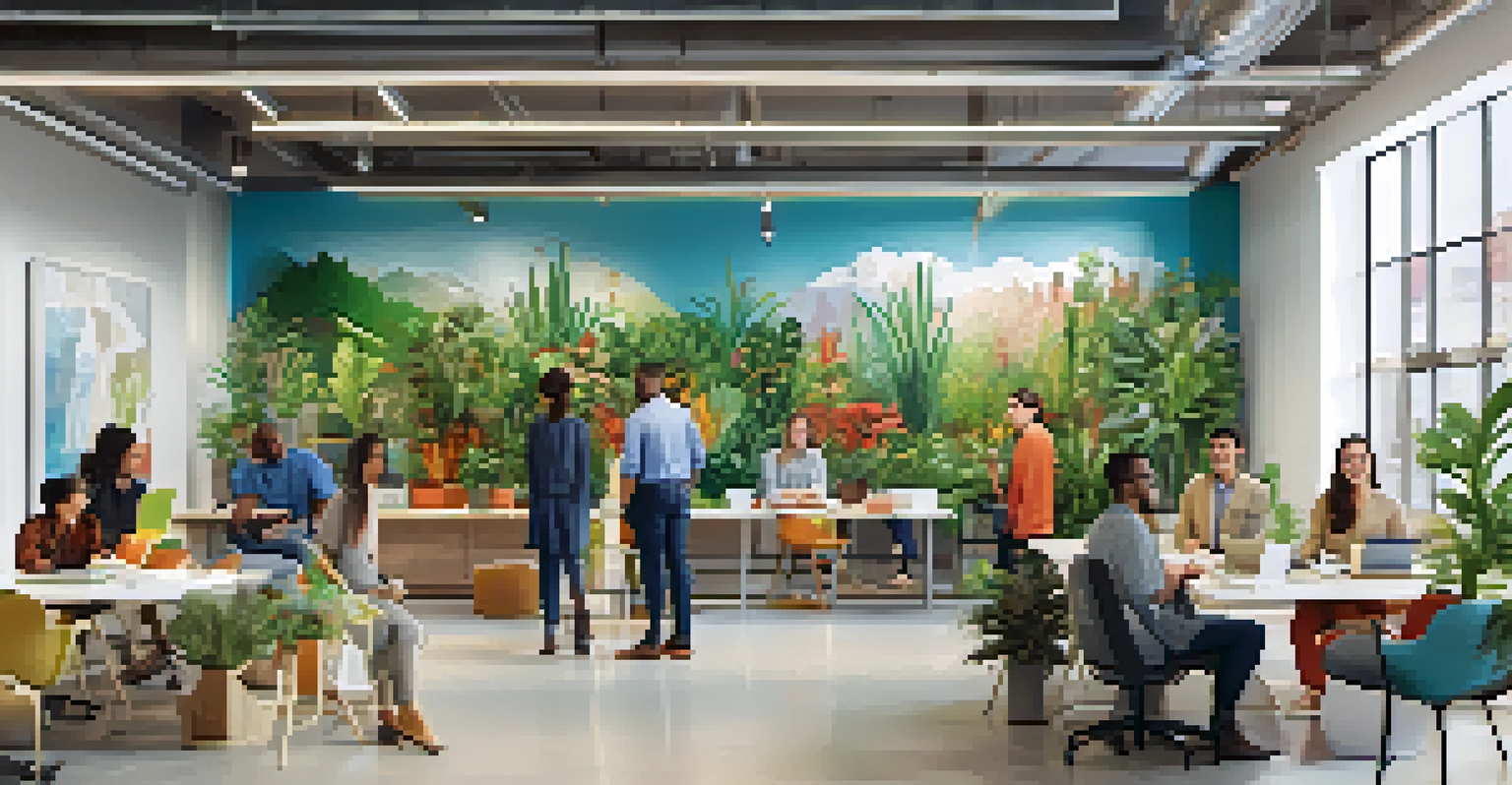 An inclusive office space featuring a cultural mural with employees interacting and enjoying their work environment.