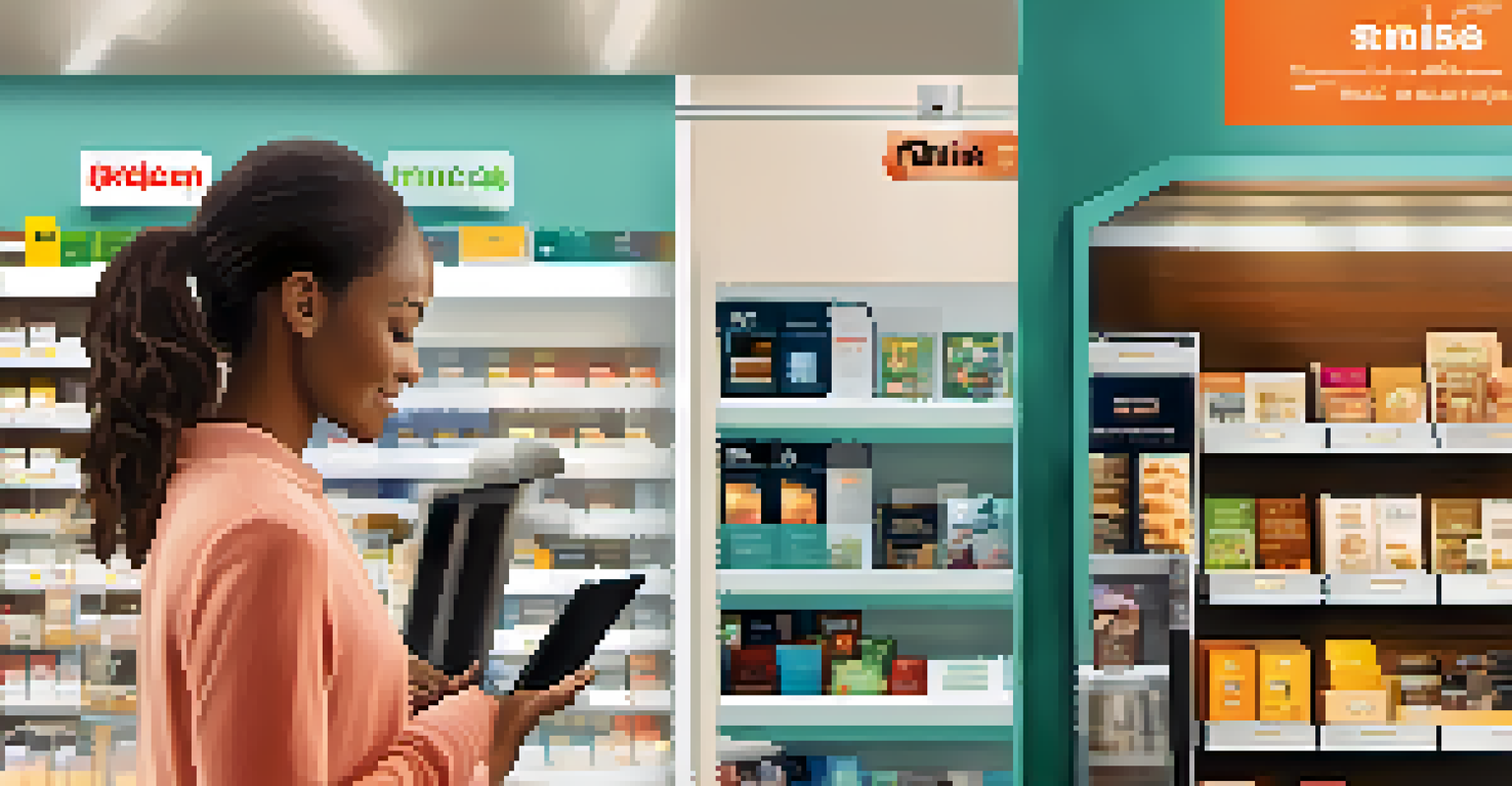 A split-screen image of a customer browsing online and checking product availability in a store.